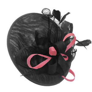 Caprilite Big Saucer Sinamay Black & Baby Pink Mixed Colour Fascinator On Headband