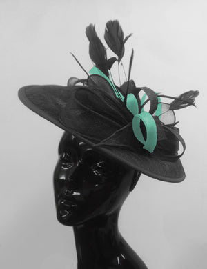 Caprilite Big Saucer Sinamay Black & Light Turquoise Mixed Colour Fascinator On Headband