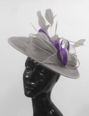 Caprilite Big Saucer Sinamay Silver Grey & Lavender Purple Mixed Colour Fascinator On Headband