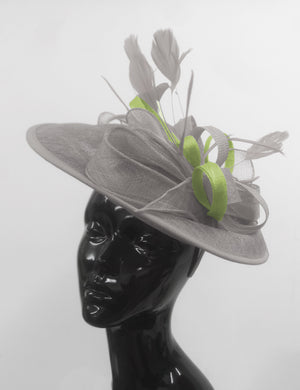 Caprilite Big Saucer Sinamay Silver Grey & Lime Green Mixed Colour Fascinator On Headband