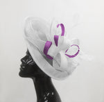 Caprilite Big Saucer Sinamay White & Cadbury Purple Mixed Colour Fascinator On Headband