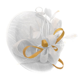 Caprilite Big Saucer Sinamay White & Mustard Gold Mixed Colour Fascinator On Headband