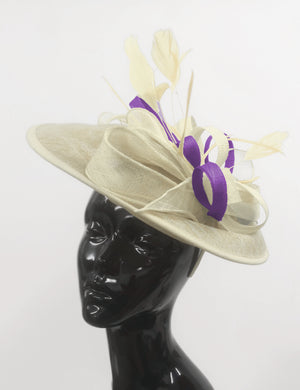 Caprilite Big Saucer Sinamay Cream Ivory & Cadbury Purple Mixed Colour Fascinator On Headband