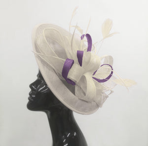 Caprilite Big Saucer Sinamay Cream ivory & Lavender Purple Mixed Colour Fascinator On Headband