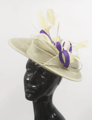 Caprilite Big Saucer Sinamay Cream ivory & Lavender Purple Mixed Colour Fascinator On Headband