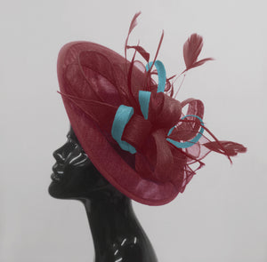 Caprilite Big Saucer Sinamay Burgundy & Light Blue Mixed Colour Fascinator On Headband