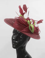 Caprilite Big Saucer Sinamay Burgundy & Lime Green Mixed Colour Fascinator On Headband