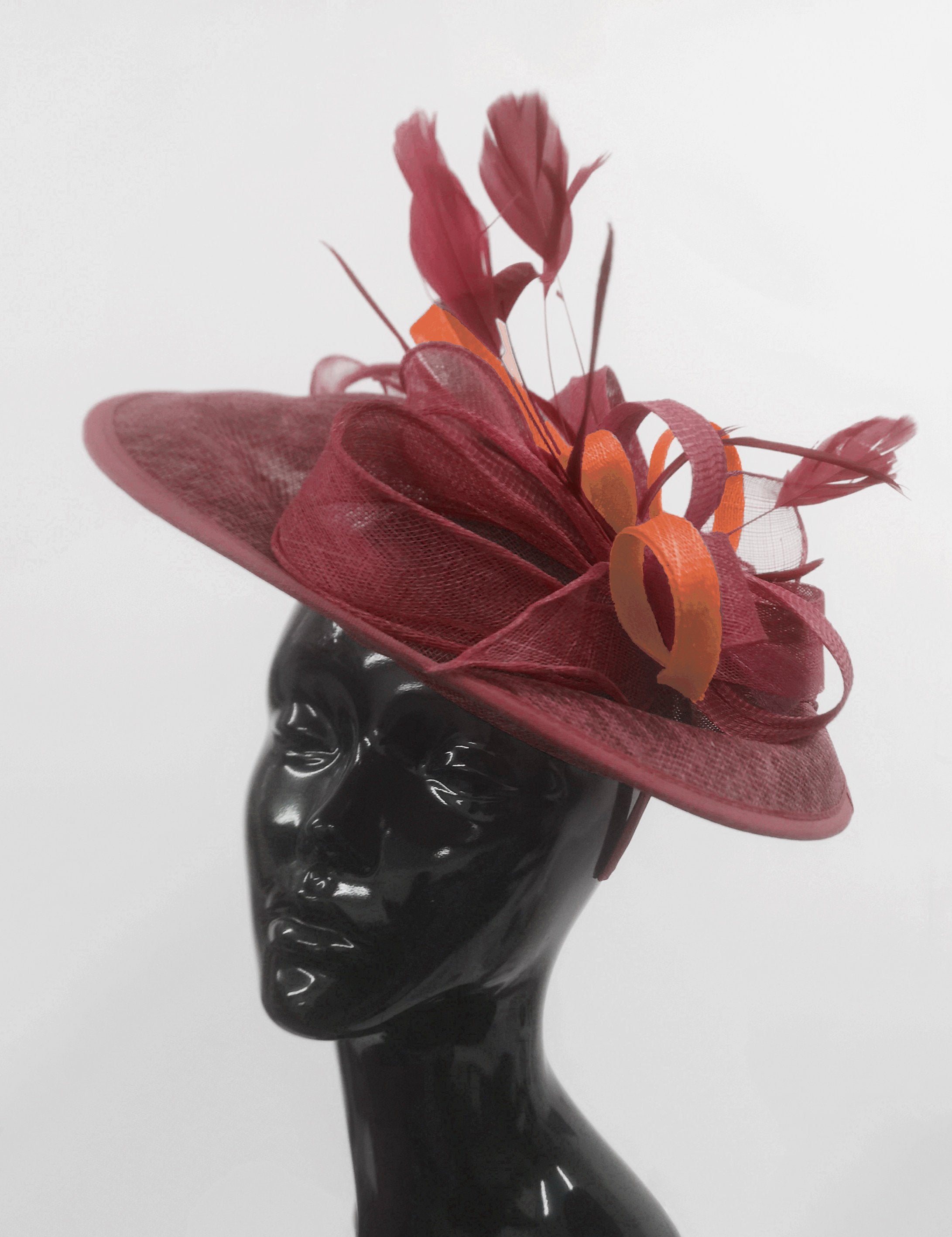 Caprilite Big Saucer Sinamay Burgundy & Orange Mixed Colour Fascinator On Headband