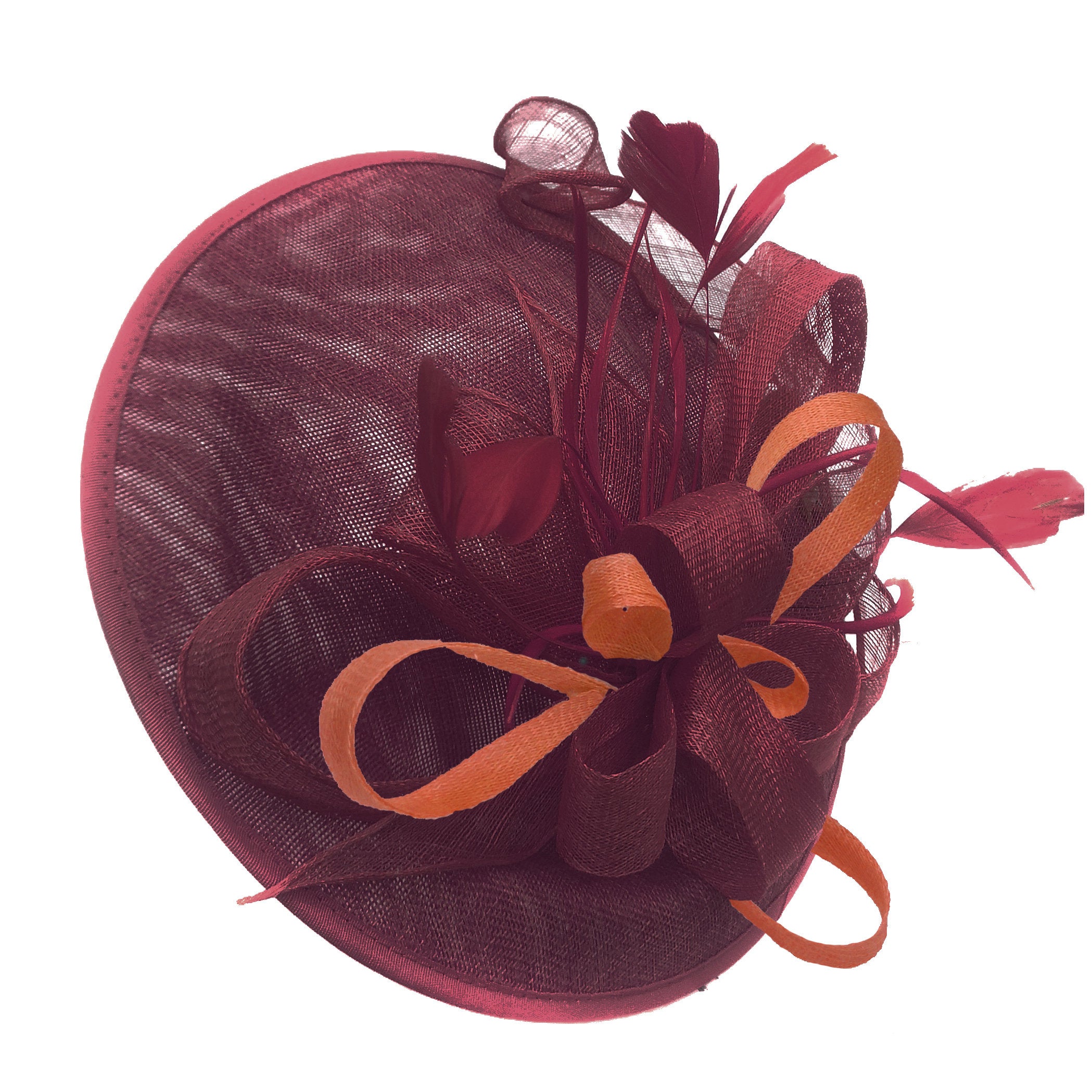 Caprilite Big Saucer Sinamay Burgundy & Orange Mixed Colour Fascinator On Headband