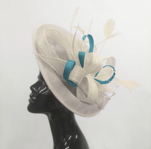 Caprilite Big Saucer Sinamay Cream Ivory & Light Blue Mixed Colour Fascinator On Headband