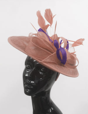 Caprilite Big Saucer Sinamay Dusty Pink & Dark Purple Mixed Colour Fascinator On Headband