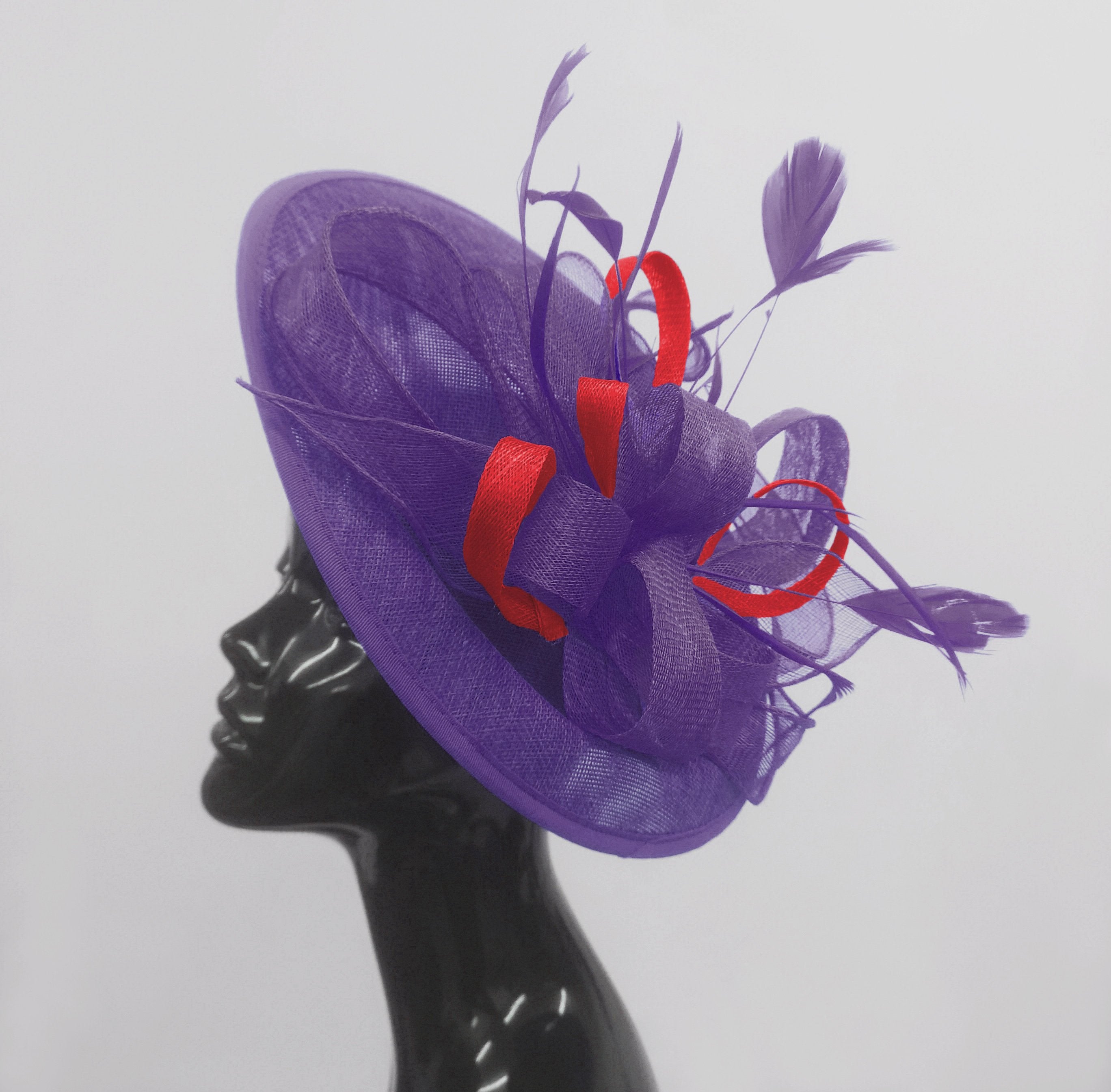 Caprilite Big Saucer Sinamay Lavender Purple & Red Mixed Colour Fascinator On Headband
