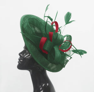 Caprilite Big Saucer Sinamay Green & Burgundy Mixed Colour Fascinator On Headband