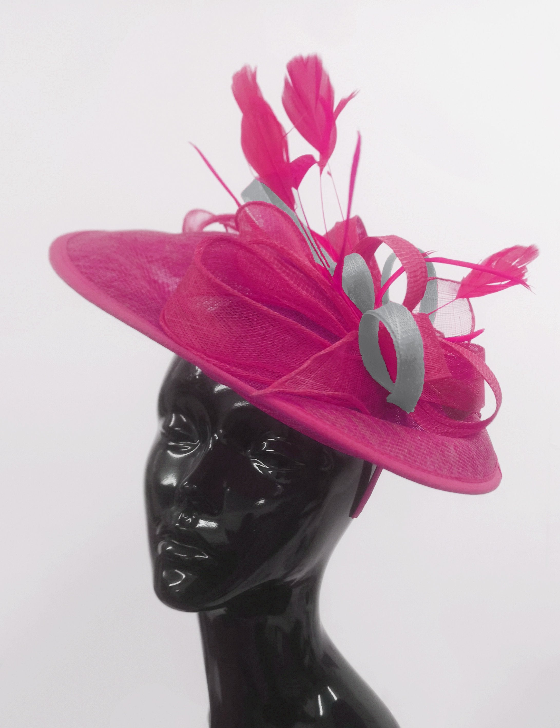 Caprilite Big Saucer Sinamay Fuchsia Hot Pink & Silver Grey Mixed Colour Fascinator On Headband