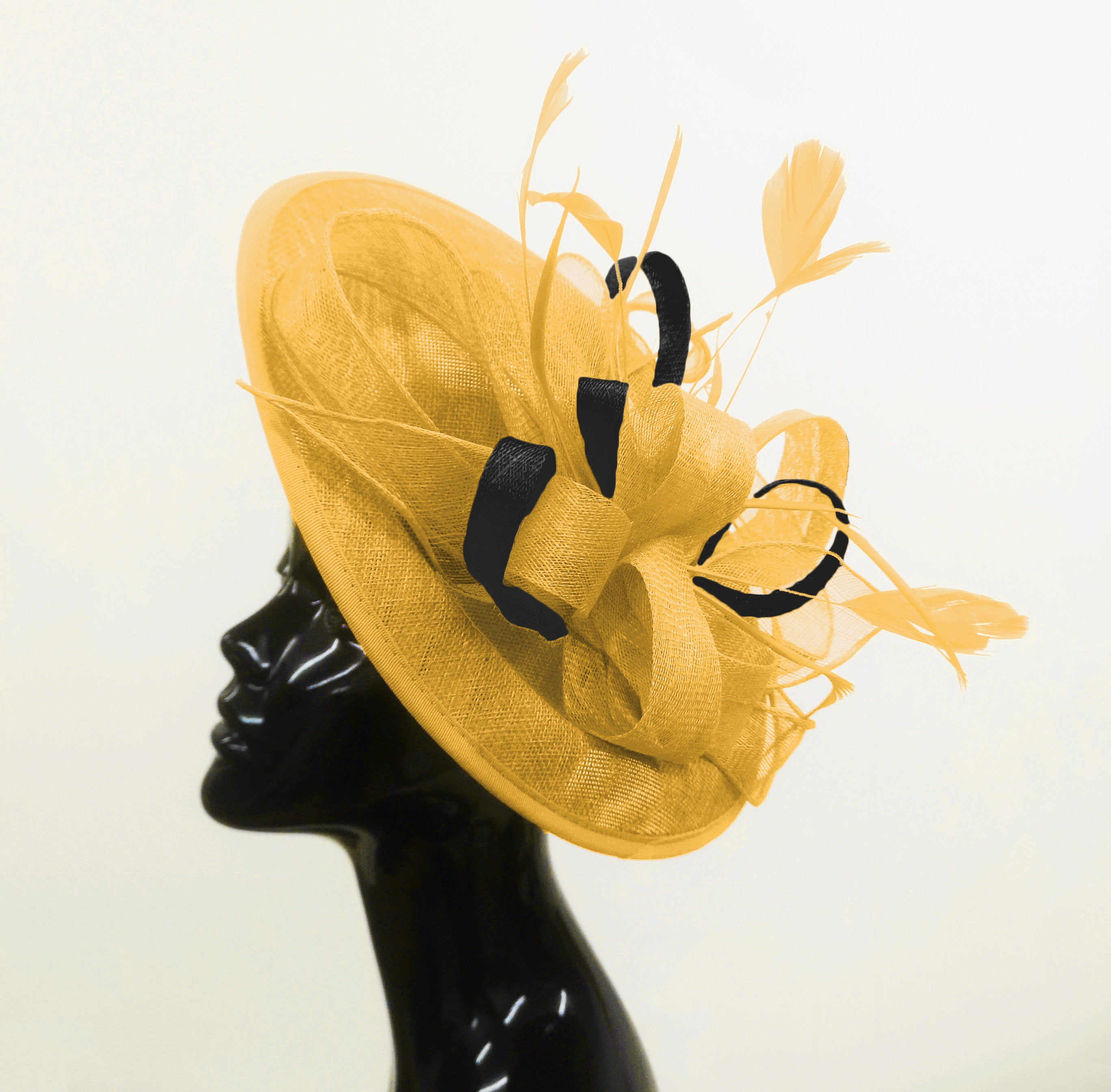 Caprilite Big Saucer Sinamay Gold Mustard & Black Mixed Colour Fascinator On Headband