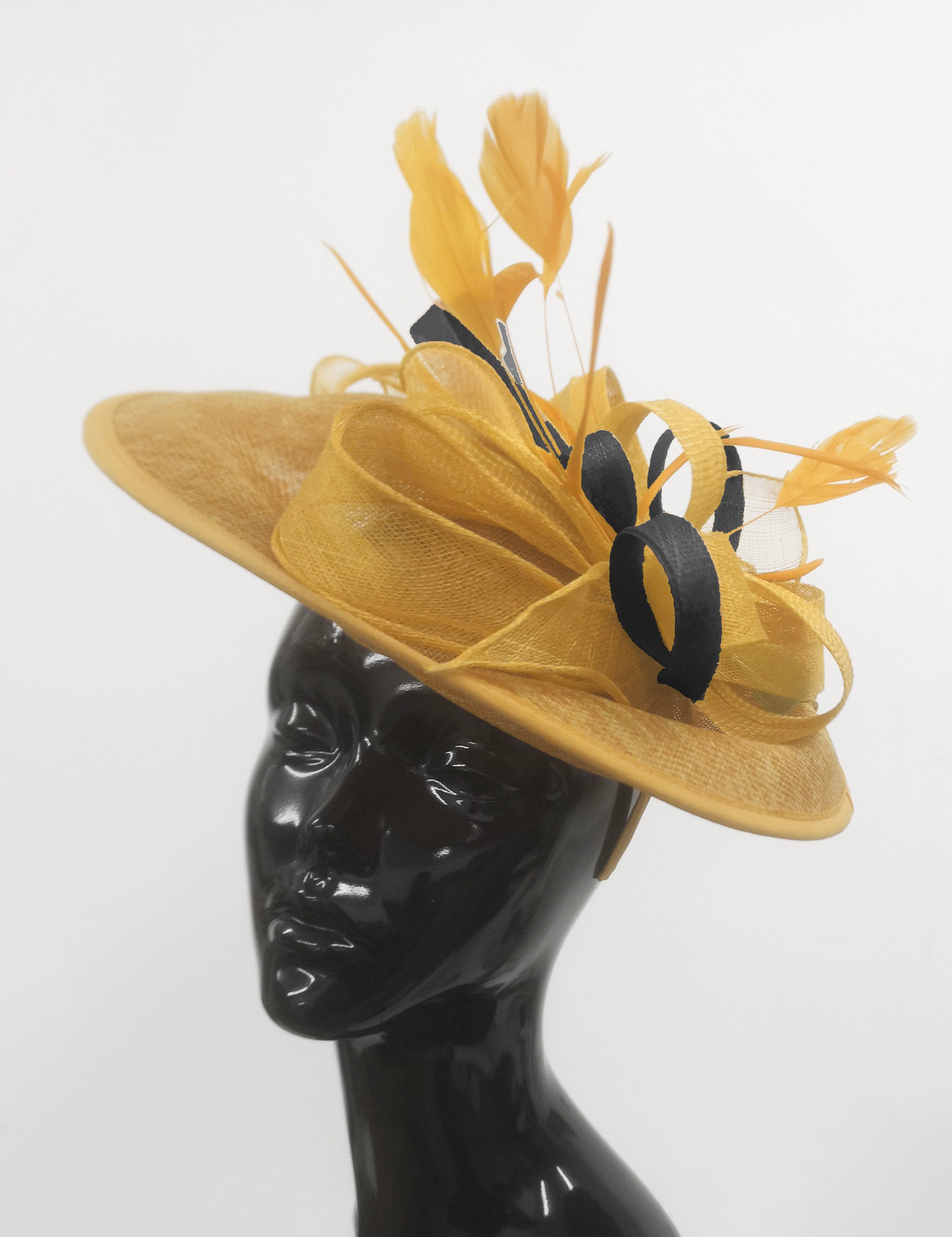 Caprilite Big Saucer Sinamay Gold Mustard & Black Mixed Colour Fascinator On Headband