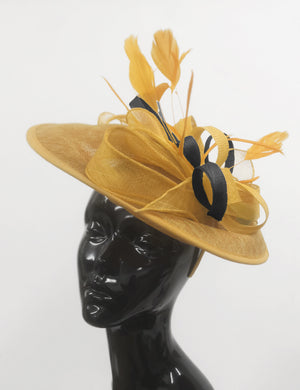 Caprilite Big Saucer Sinamay Gold Mustard & Black Mixed Colour Fascinator On Headband