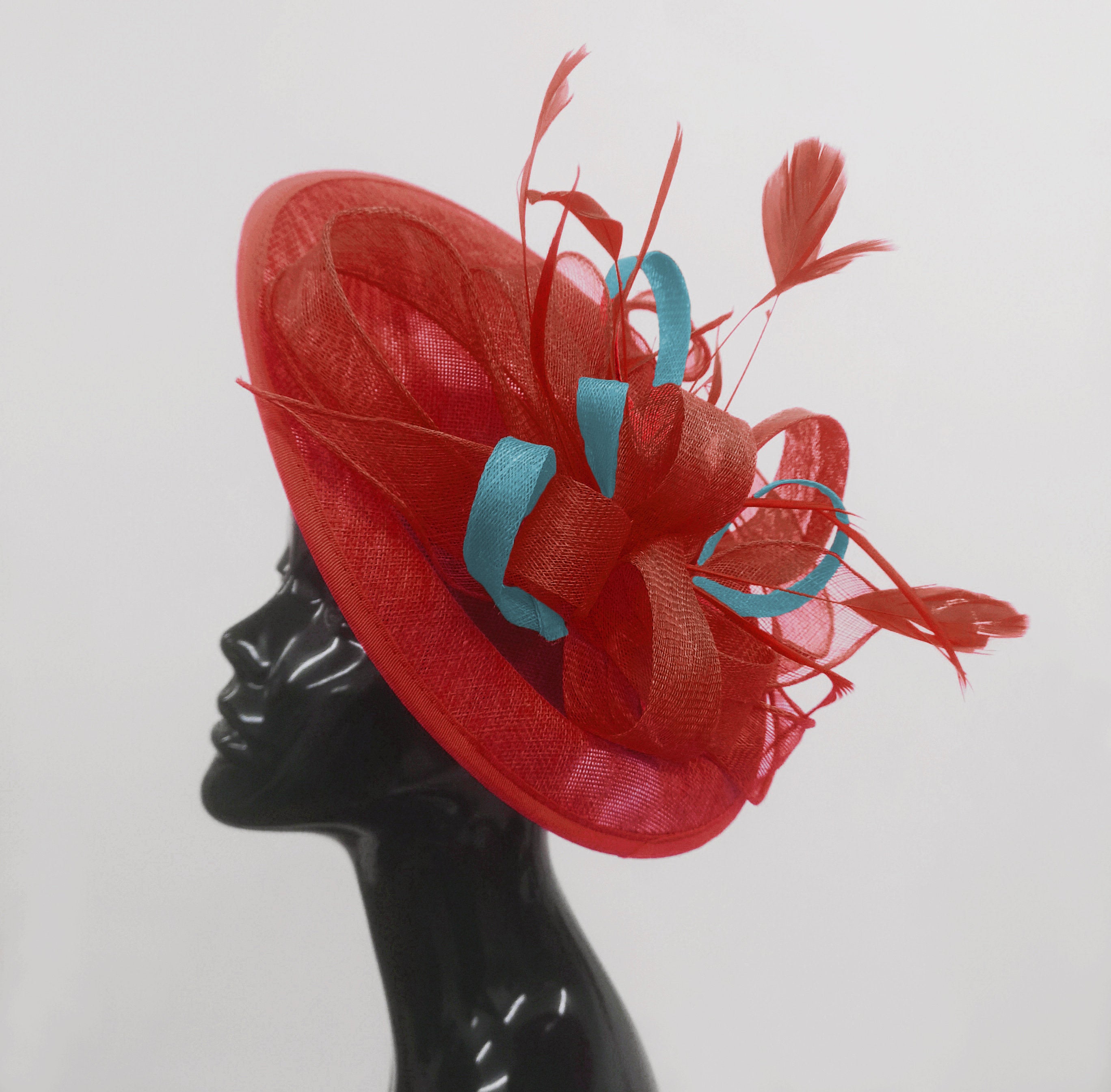 Caprilite Big Saucer Sinamay Red & Light Blue Mixed Colour Fascinator On Headband