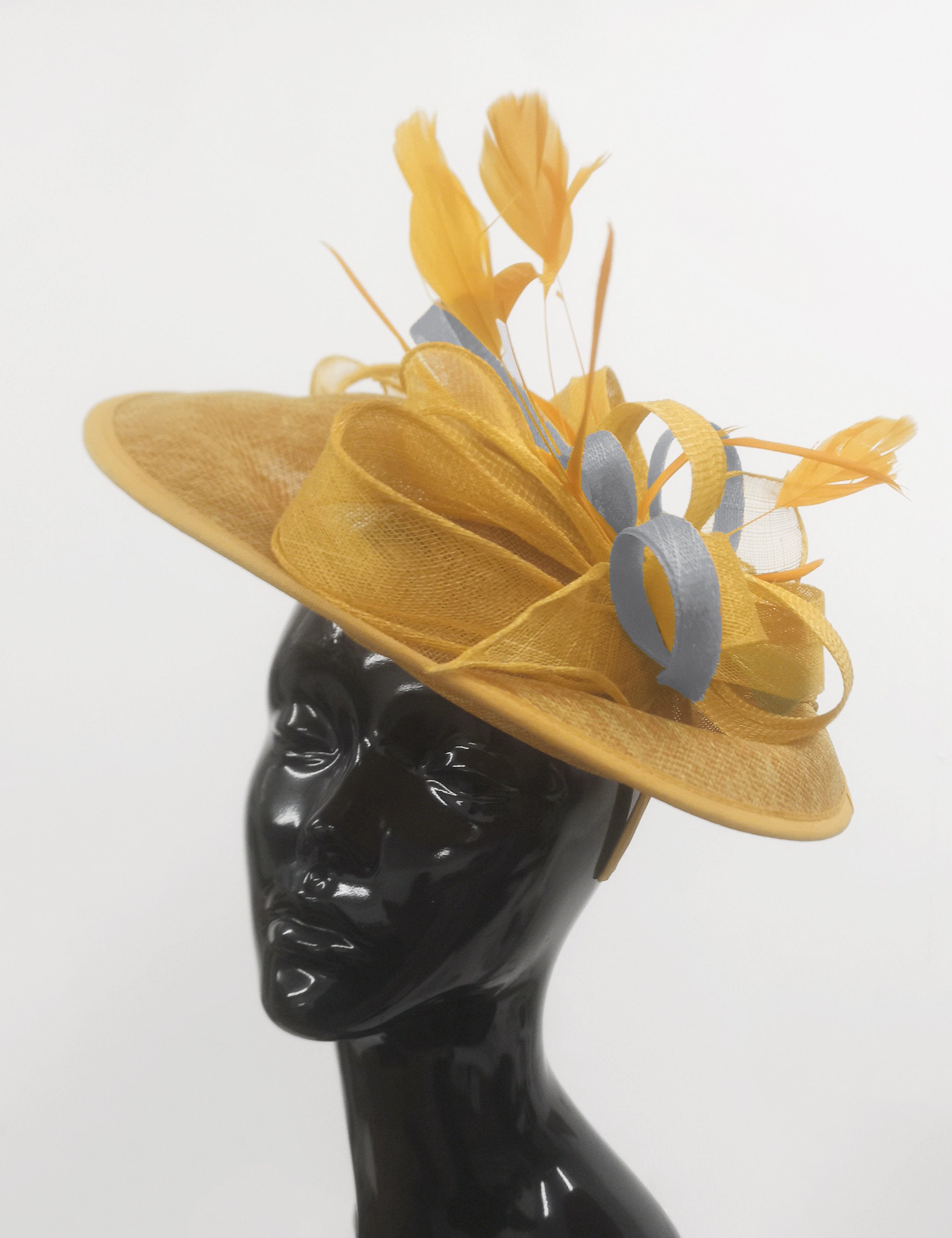 Caprilite Big Saucer Sinamay Gold Mustard & Grey Silver Mixed Colour Fascinator On Headband