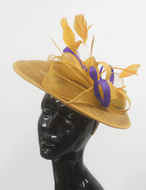 Caprilite Big Saucer Sinamay Gold Mustard & Lavender Purple Mixed Colour Fascinator On Headband