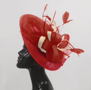 Caprilite Big Saucer Sinamay Red & Cream Ivory Mixed Colour Fascinator On Headband