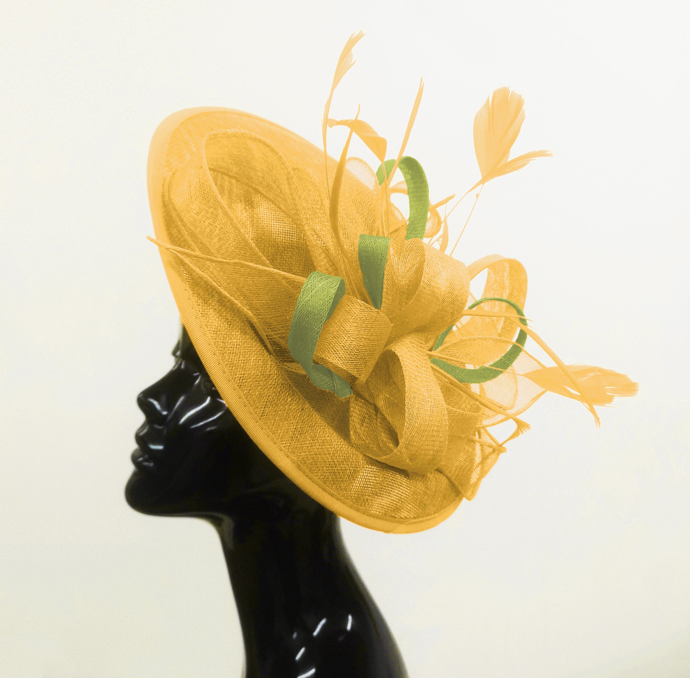 Caprilite Big Saucer Sinamay Gold Mustard & Lime Green Mixed Colour Fascinator On Headband