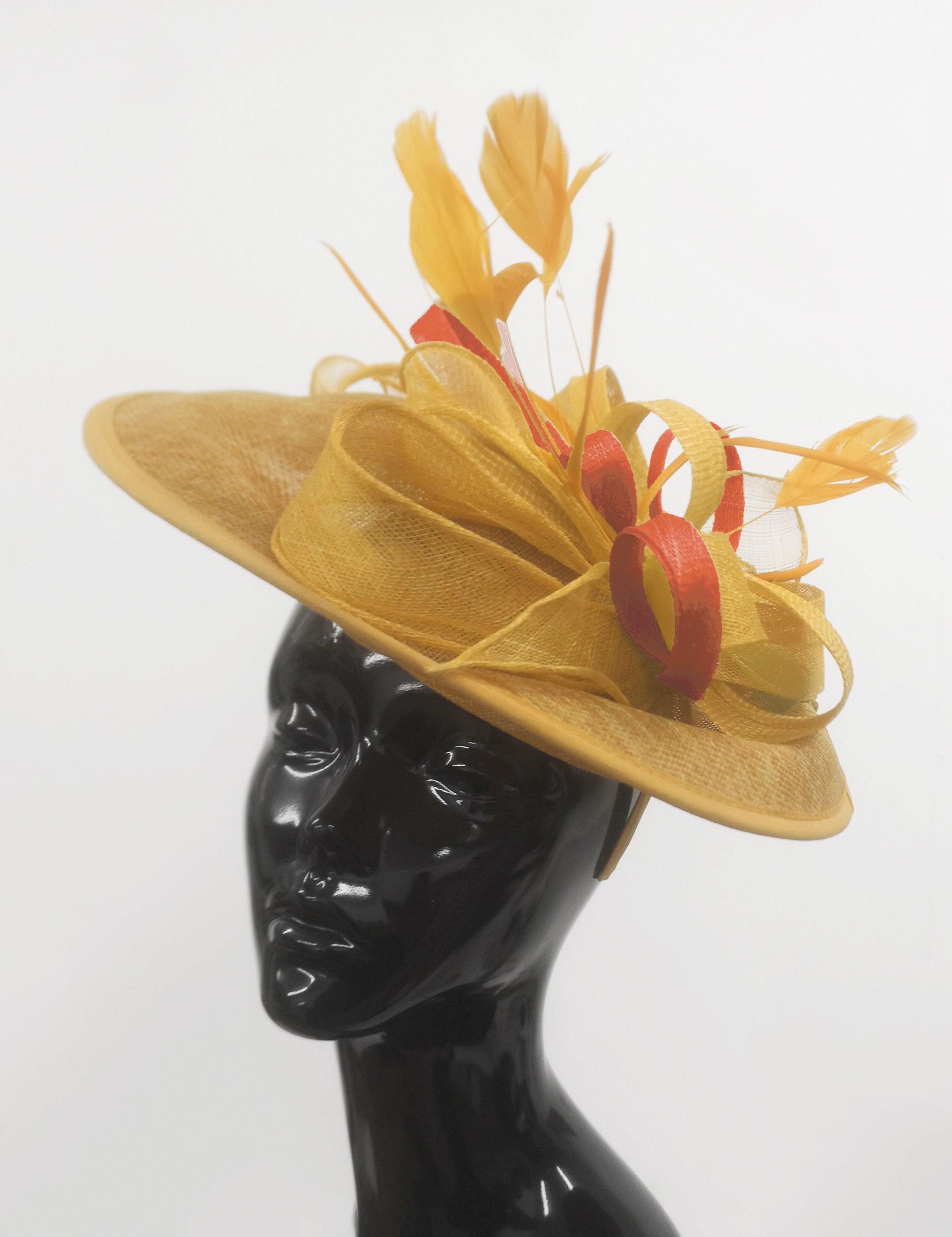 Caprilite Big Saucer Sinamay Gold Mustard & Orange Mixed Colour Fascinator On Headband