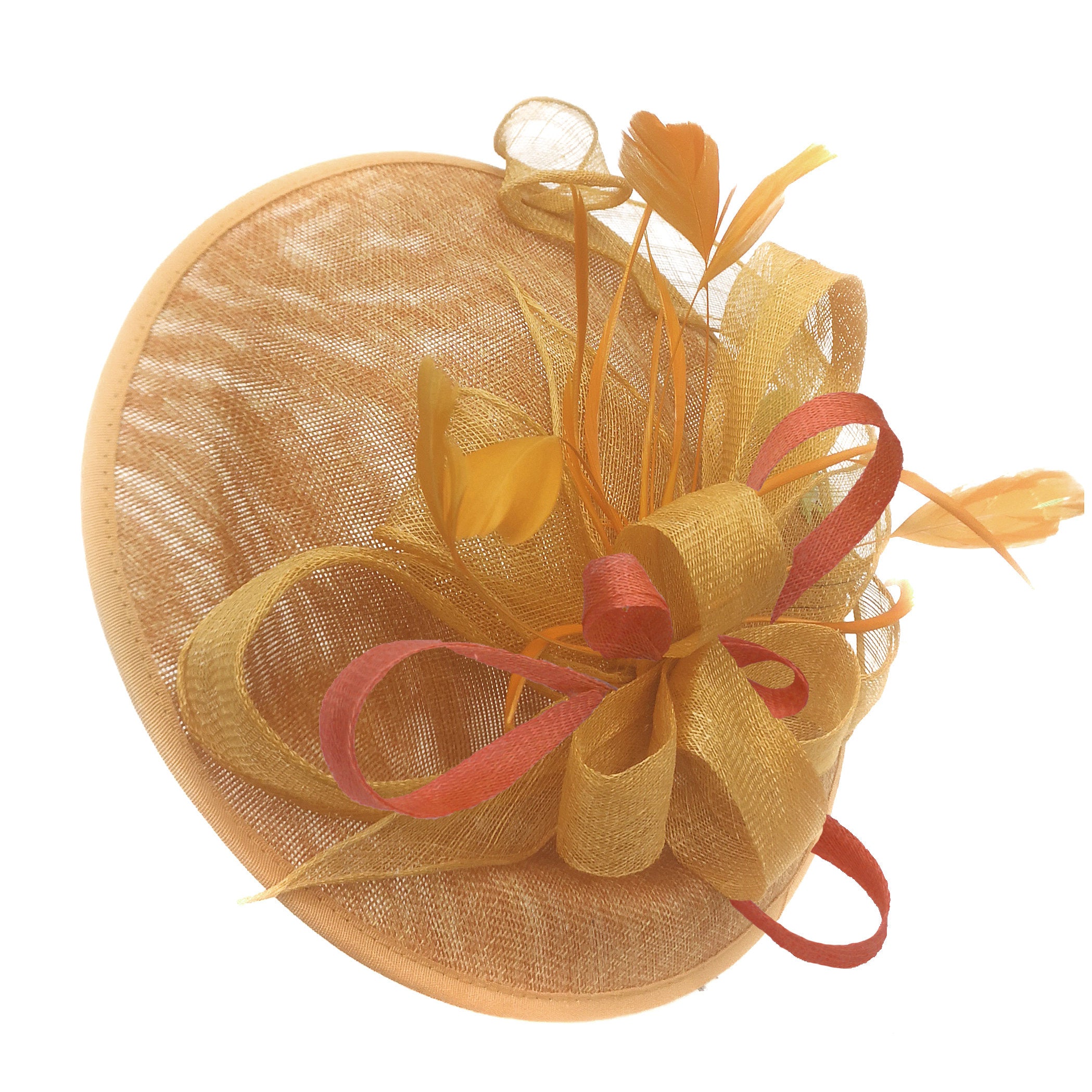 Caprilite Big Saucer Sinamay Gold Mustard & Orange Mixed Colour Fascinator On Headband