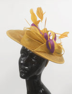 Caprilite Big Saucer Sinamay Gold Mustard & Plum Mixed Colour Fascinator On Headband