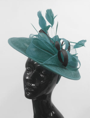 Caprilite Big Saucer Sinamay Teal Turquoise & Black Mixed Colour Fascinator On Headband