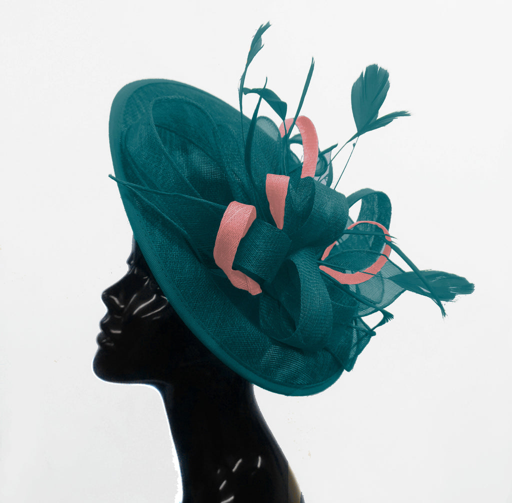Caprilite Big Saucer Sinamay Teal Turquoise & Dusty Pink Mixed Colour Fascinator On Headband