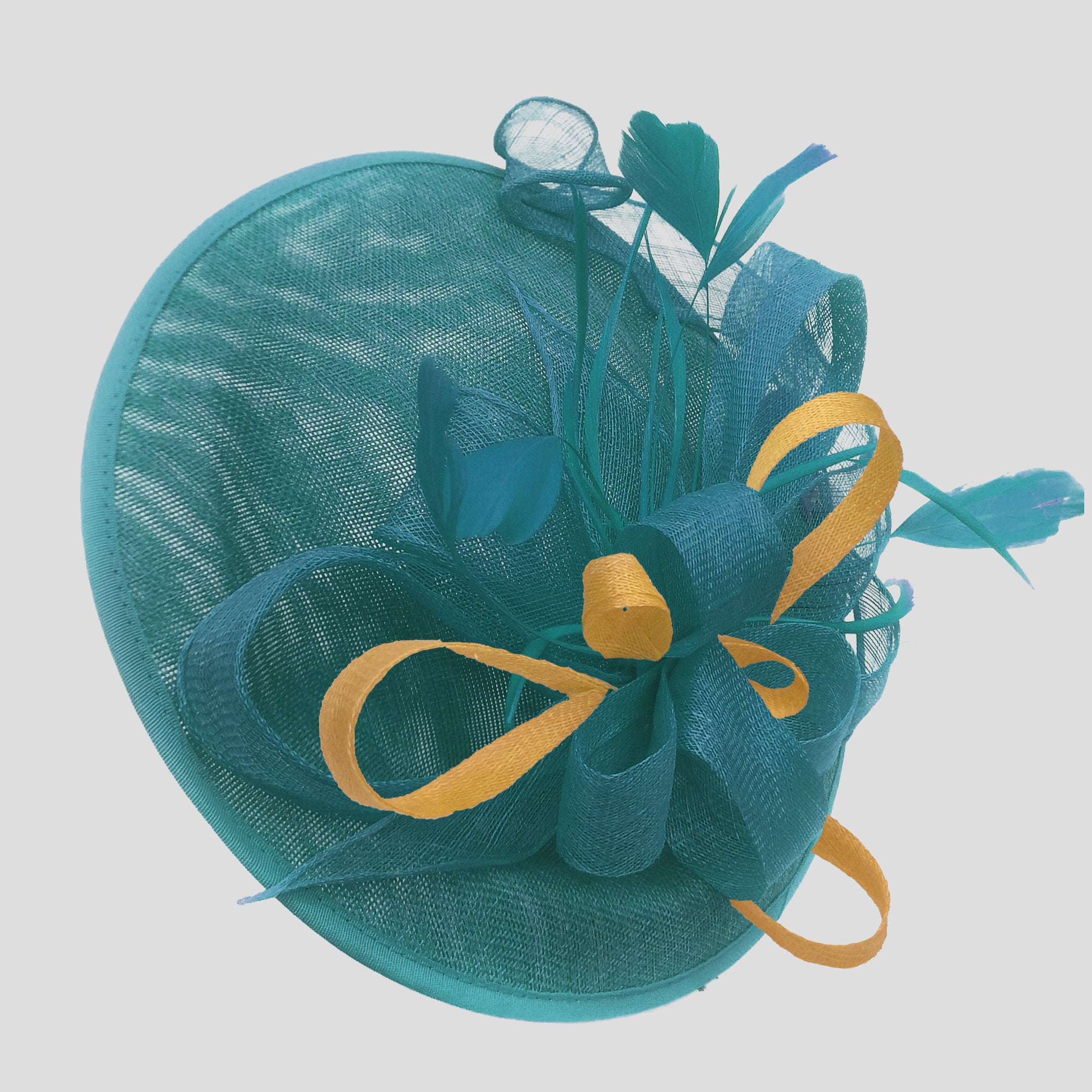 Caprilite Big Saucer Sinamay Teal Turquoise & Mustard Gold Mixed Colour Fascinator On Headband