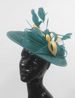 Caprilite Big Saucer Sinamay Teal Turquoise & Mustard Gold Mixed Colour Fascinator On Headband