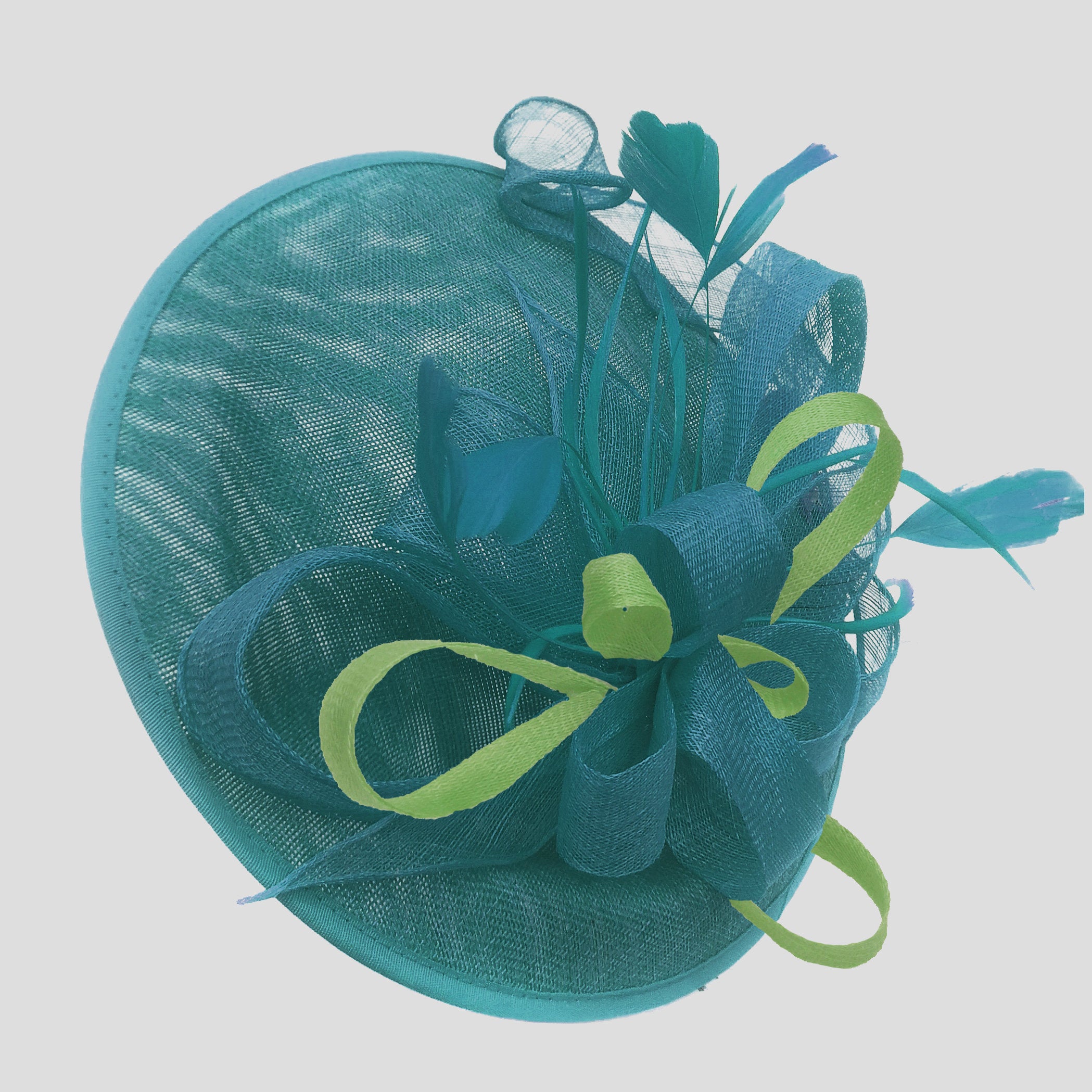 Caprilite Big Saucer Sinamay Teal Turquoise & Lime Green Mixed Colour Fascinator On Headband