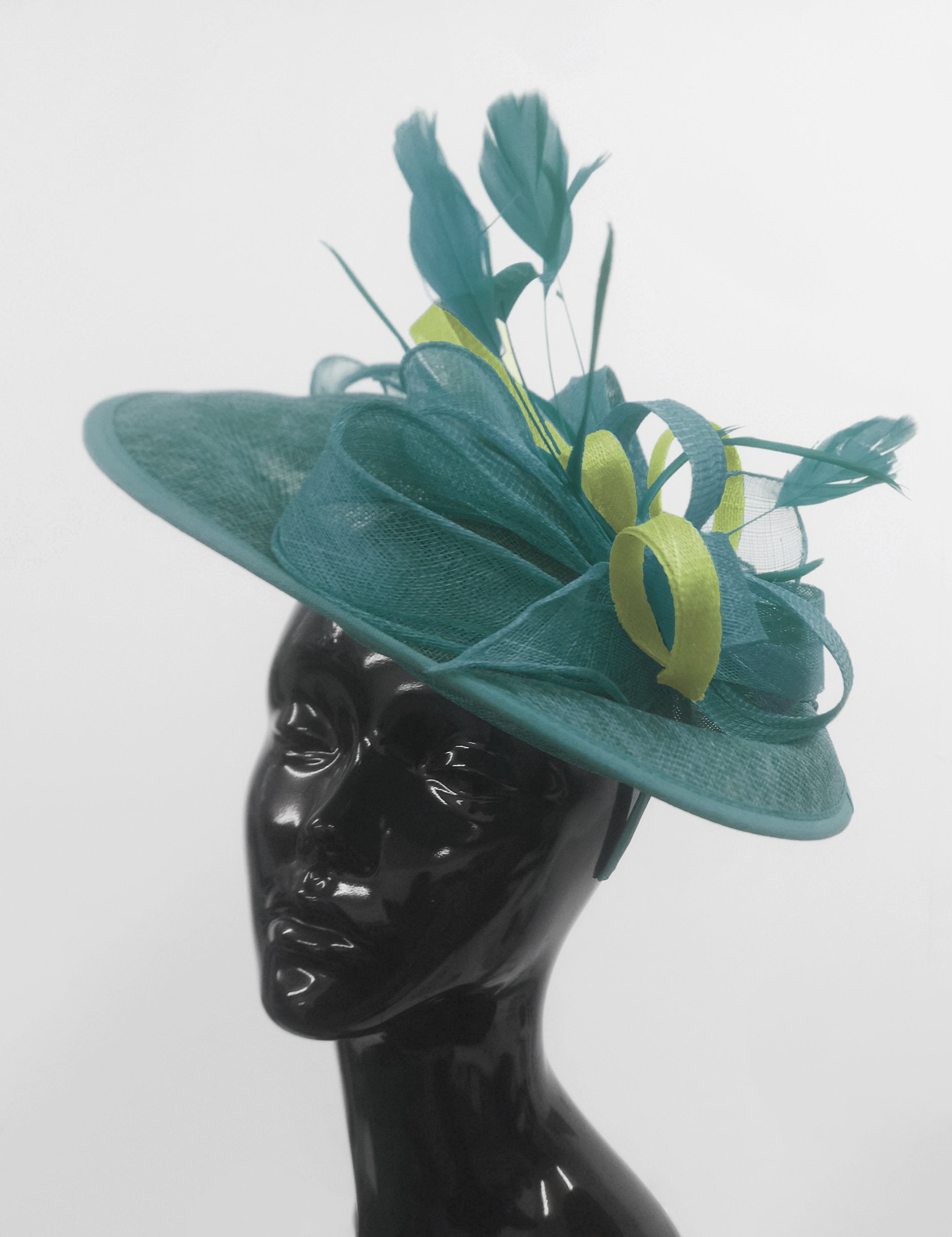 Caprilite Big Saucer Sinamay Teal Turquoise & Lime Green Mixed Colour Fascinator On Headband