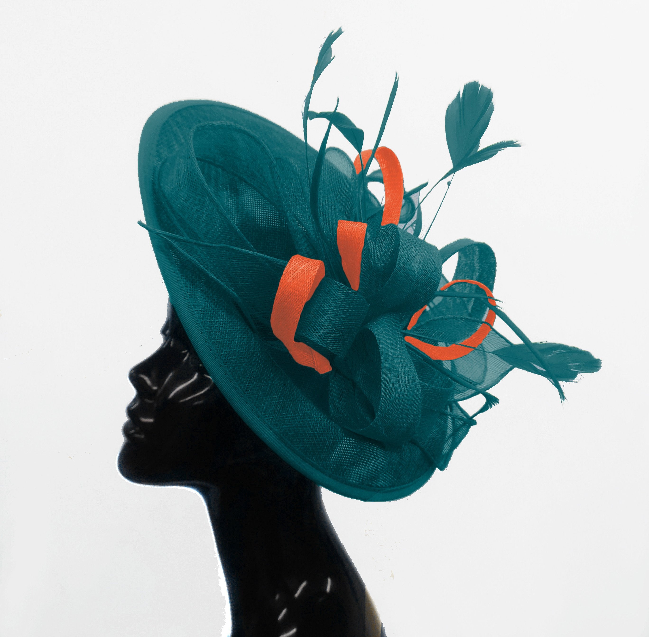 Caprilite Big Saucer Sinamay Teal Turquoise & Orange Mixed Colour Fascinator On Headband