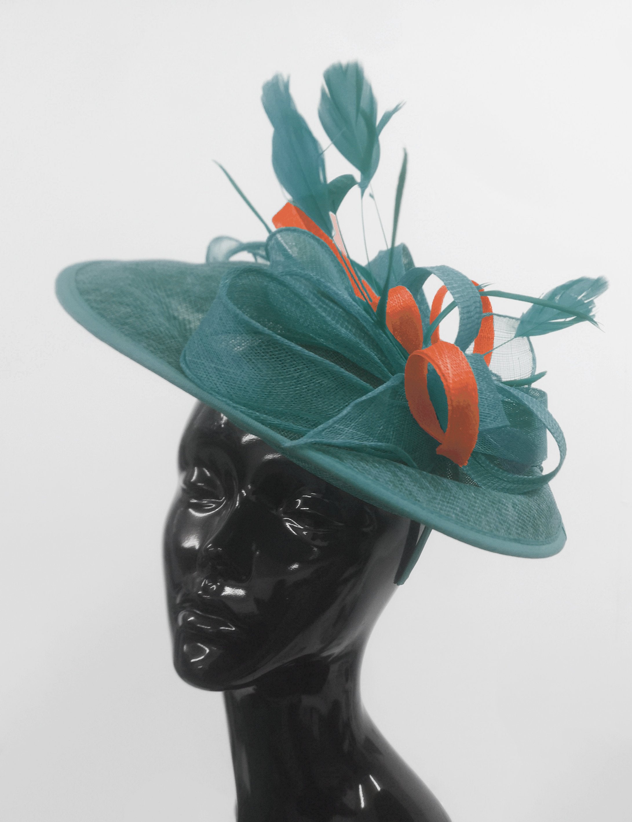 Caprilite Big Saucer Sinamay Teal Turquoise & Orange Mixed Colour Fascinator On Headband