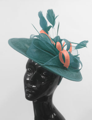 Caprilite Big Saucer Sinamay Teal Turquoise & Peach Mixed Colour Fascinator On Headband