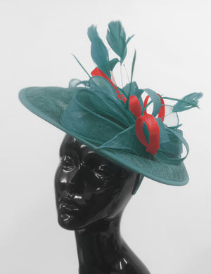 Caprilite Big Saucer Sinamay Teal Turquoise & Red Mixed Colour Fascinator On Headband