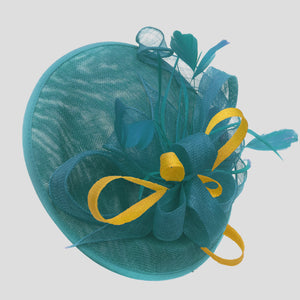 Caprilite Big Saucer Sinamay Teal Turquoise & Yellow Mixed Colour Fascinator On Headband