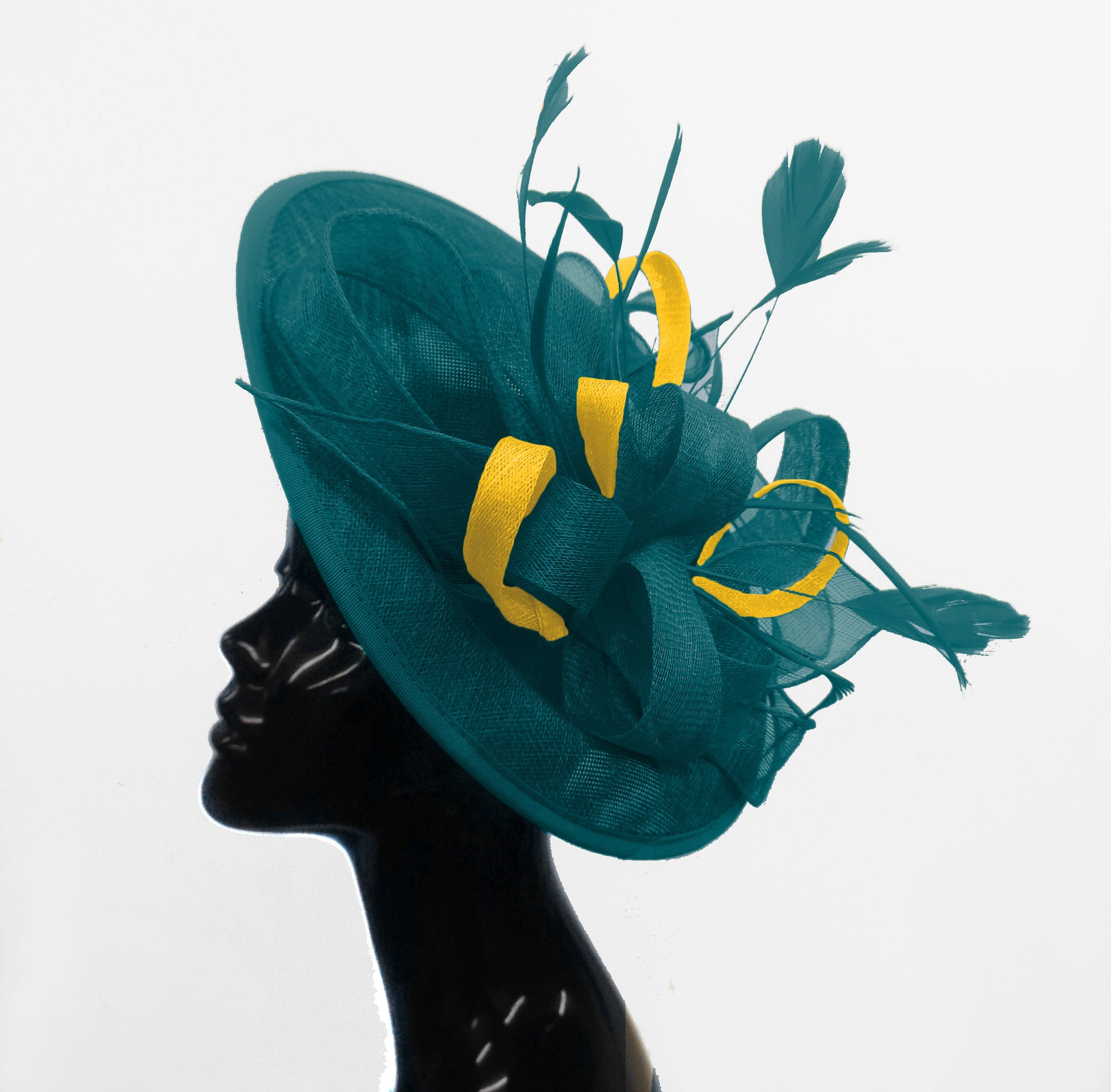 Caprilite Big Saucer Sinamay Teal Turquoise & Yellow Mixed Colour Fascinator On Headband