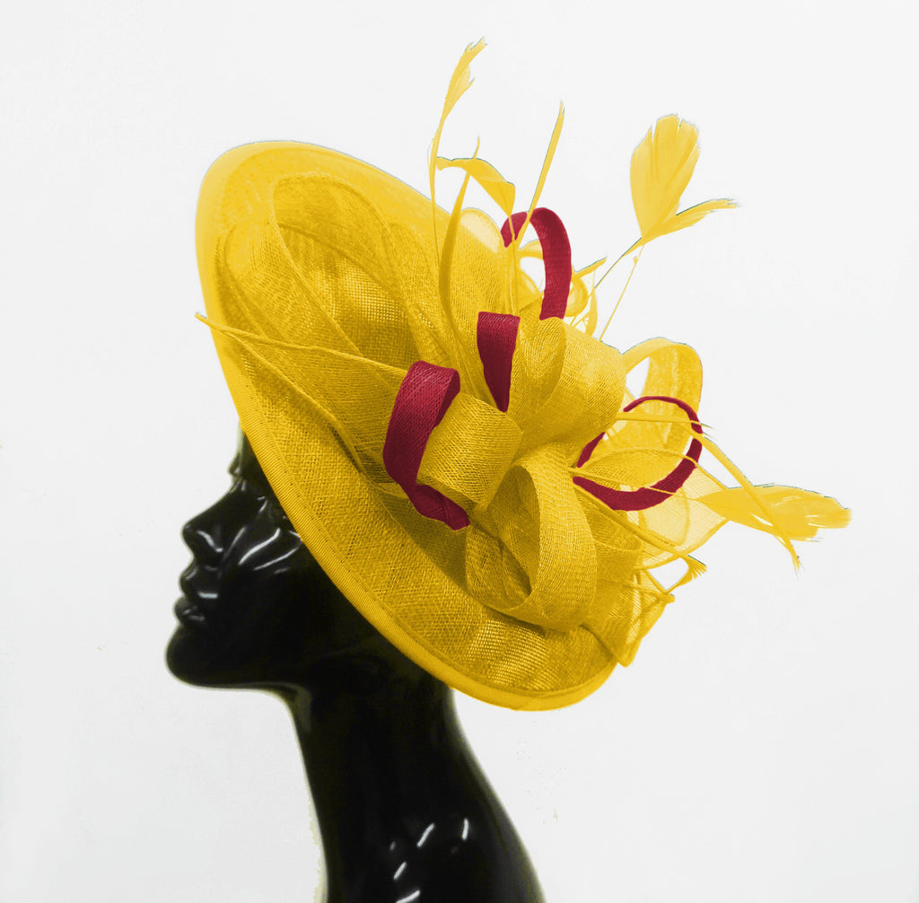 Caprilite Big Saucer Sinamay Yellow & Burgundy Mixed Colour Fascinator On Headband