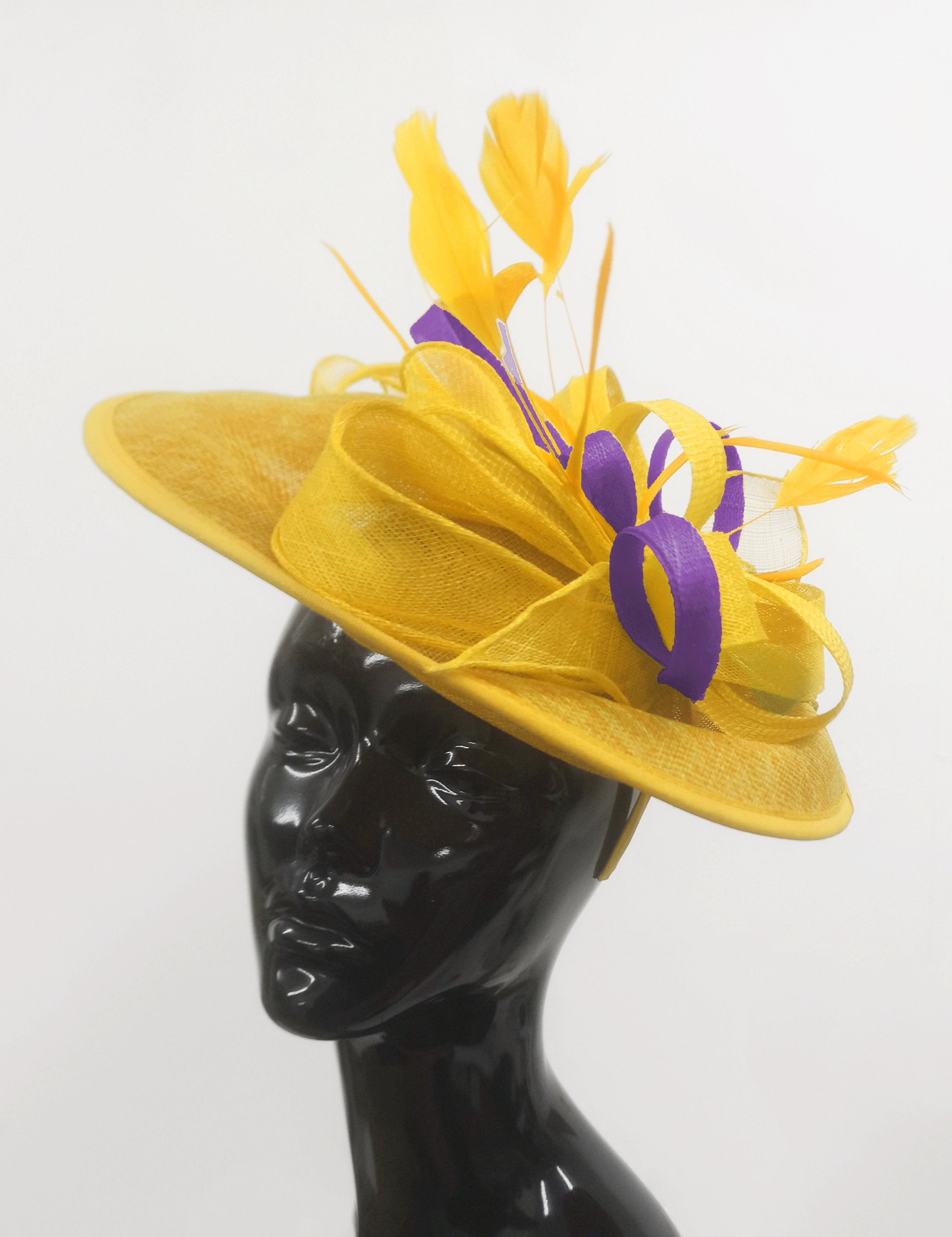 Caprilite Big Saucer Sinamay Yellow & Cadbury Purple Mixed Colour Fascinator On Headband