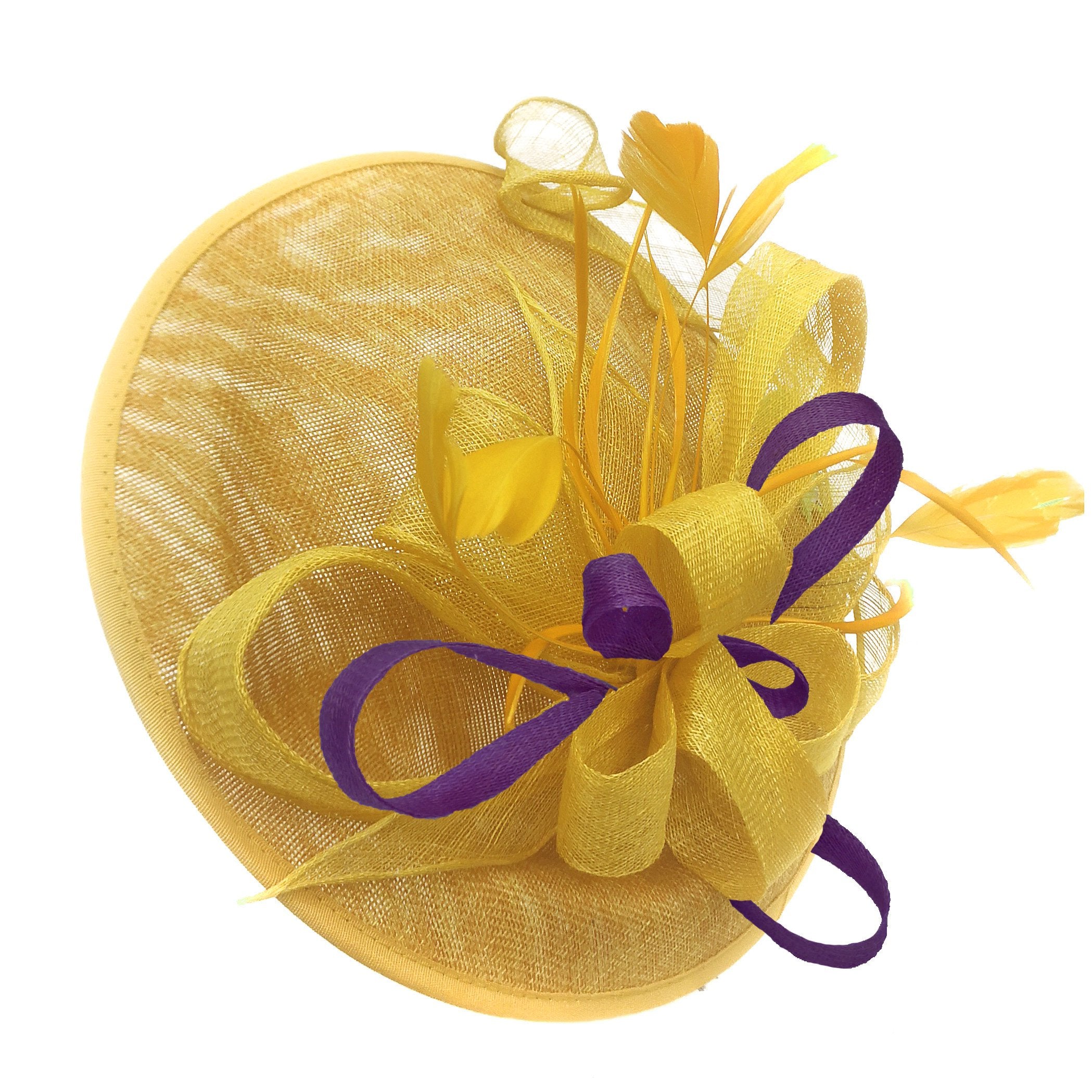 Caprilite Big Saucer Sinamay Yellow & Dark Purple Mixed Colour Fascinator On Headband