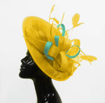 Caprilite Big Saucer Sinamay Yellow & Light Turquoise Mixed Colour Fascinator On Headband