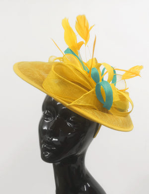 Caprilite Big Saucer Sinamay Yellow & Light Turquoise Mixed Colour Fascinator On Headband