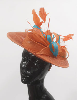 Caprilite Big Saucer Sinamay Orange & Light Blue Mixed Colour Fascinator On Headband