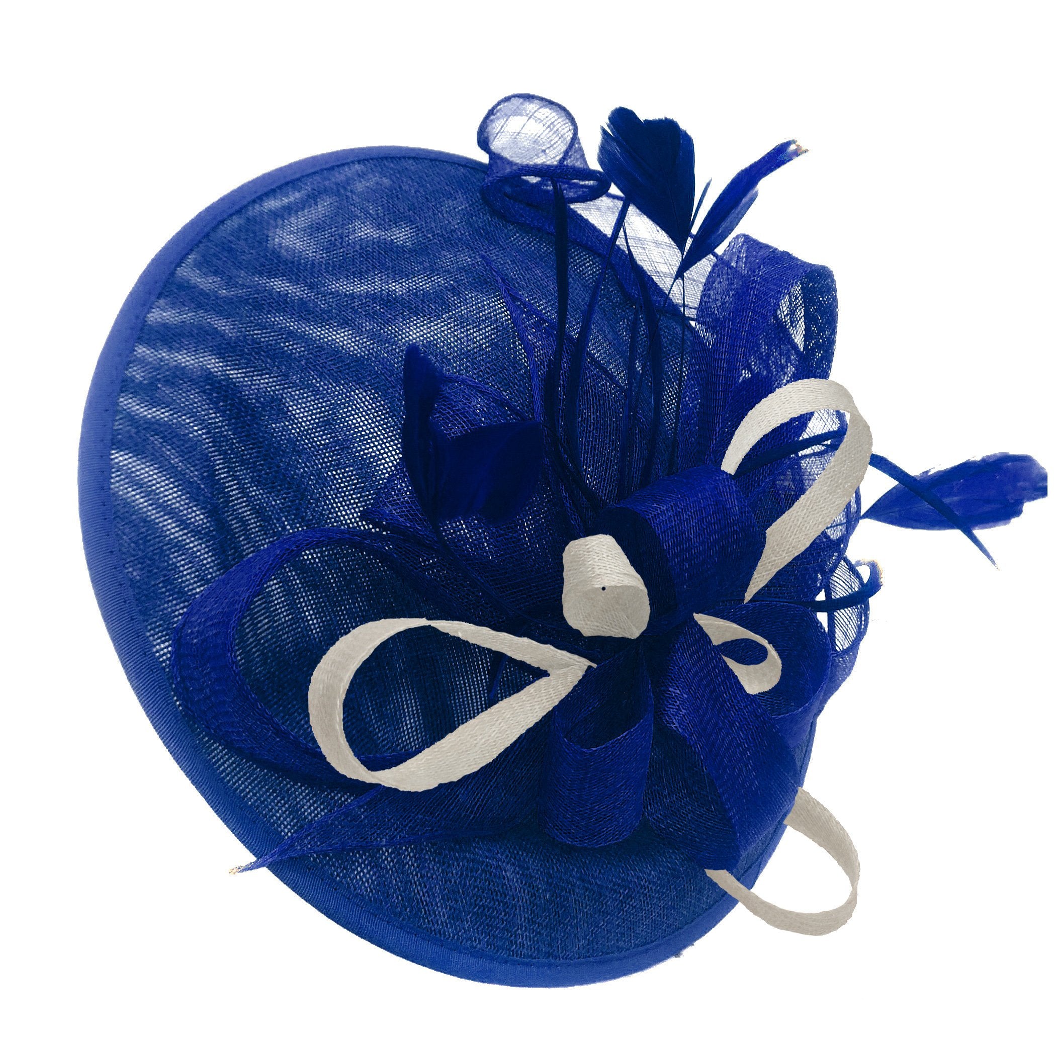 Caprilite Big Saucer Sinamay Royal Blue & Cream Ivory Mixed Colour Fascinator On Headband