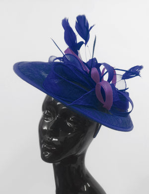 Caprilite Big Saucer Sinamay Royal Blue & Dark Purple Mixed Colour Fascinator On Headband