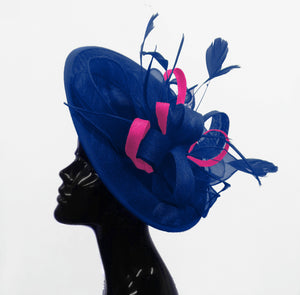 Caprilite Big Saucer Sinamay Royal Blue & Fuchsia Hot Pink Mixed Colour Fascinator On Headband